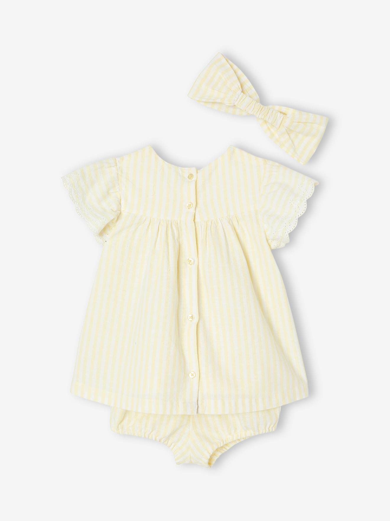 Conjunto de roupa de bebê de 3 peças: Vestido + calcinha + faixa de cabelo amarelo pastel
