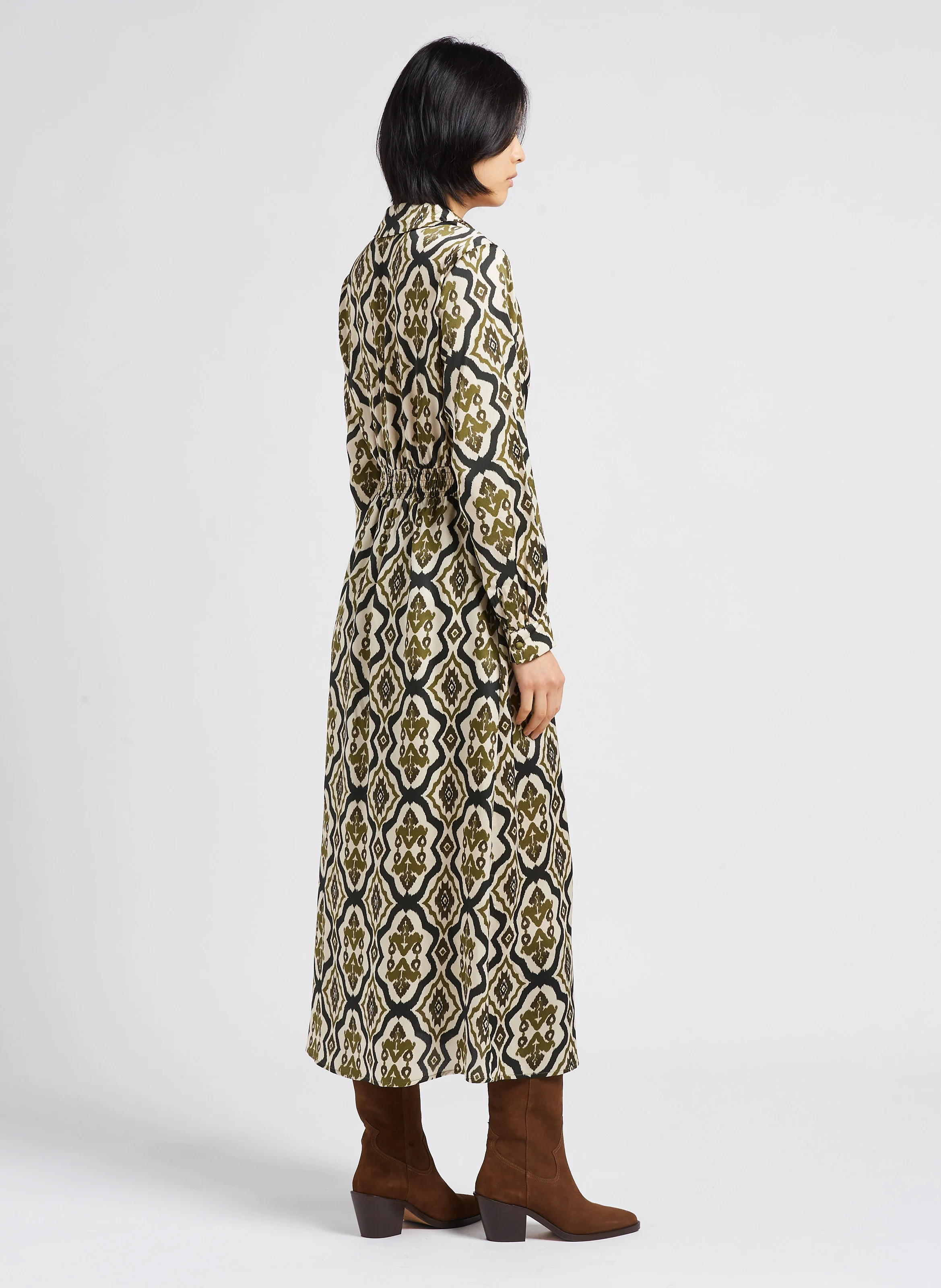 ENSO - Robe longue col classique imprimé graphique| Vert