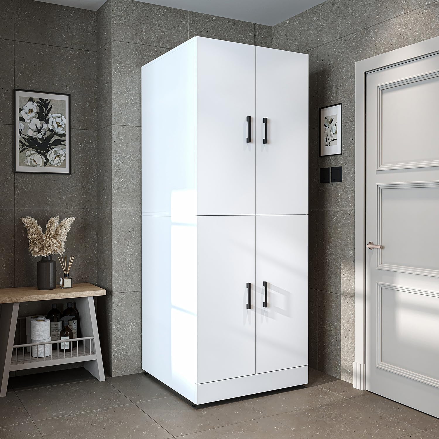 ROOMART Dora Armoire de machine à laver, pour sèche-linge et machine à laver, en 4 couleurs, avec portes et planche coulissante (chêne anthracite)