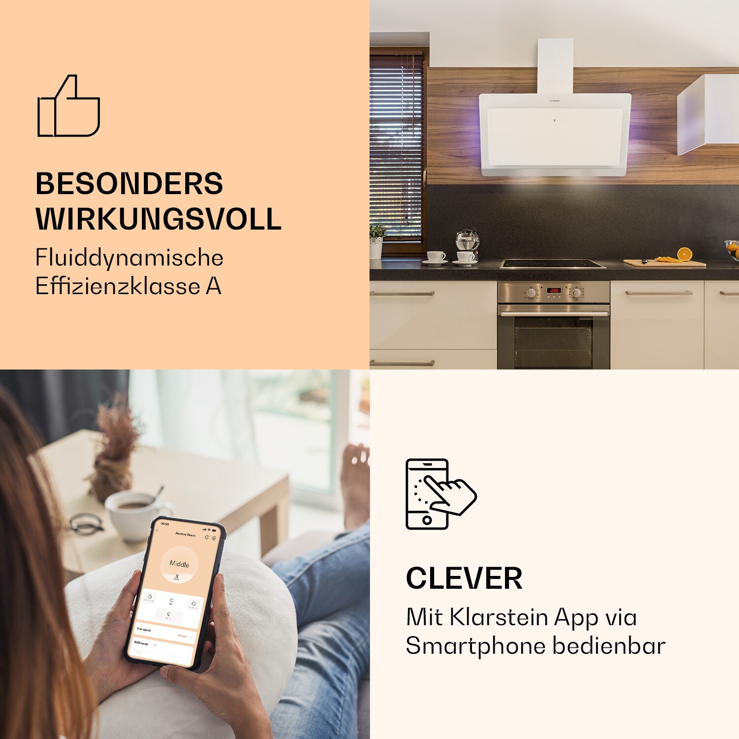 Aurora 90 Smart Dunstabzugshaube 550 m³/h 90cm kopffrei Ambiente-Licht EEC A++ Weiß