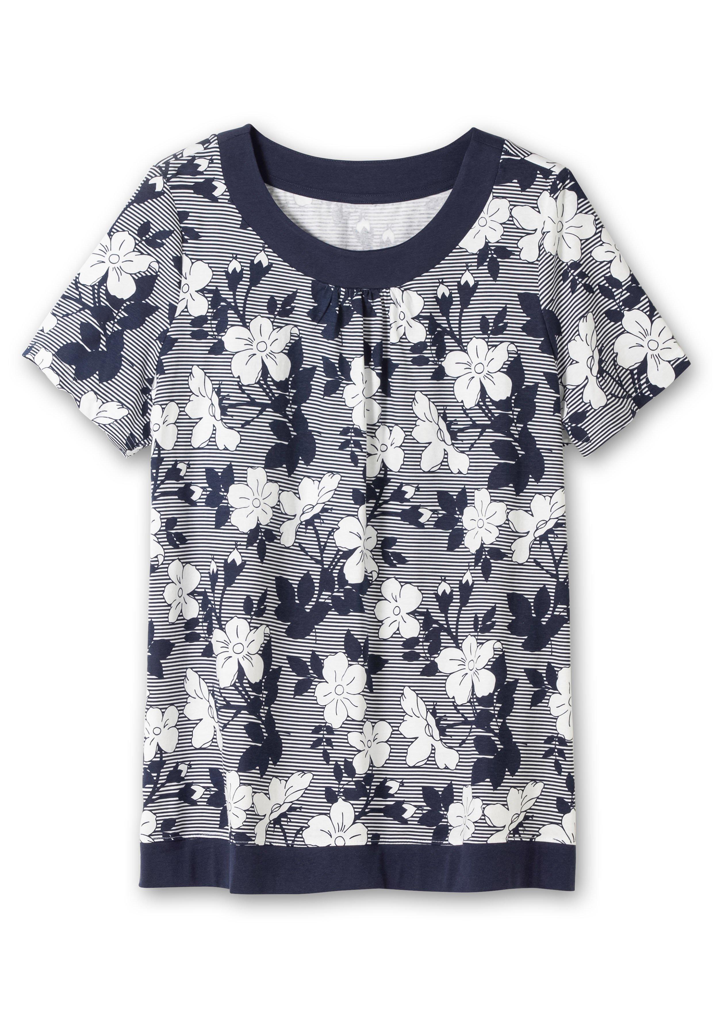 Shirt in leichter A-Linie, mit Blumendruck und Streifen