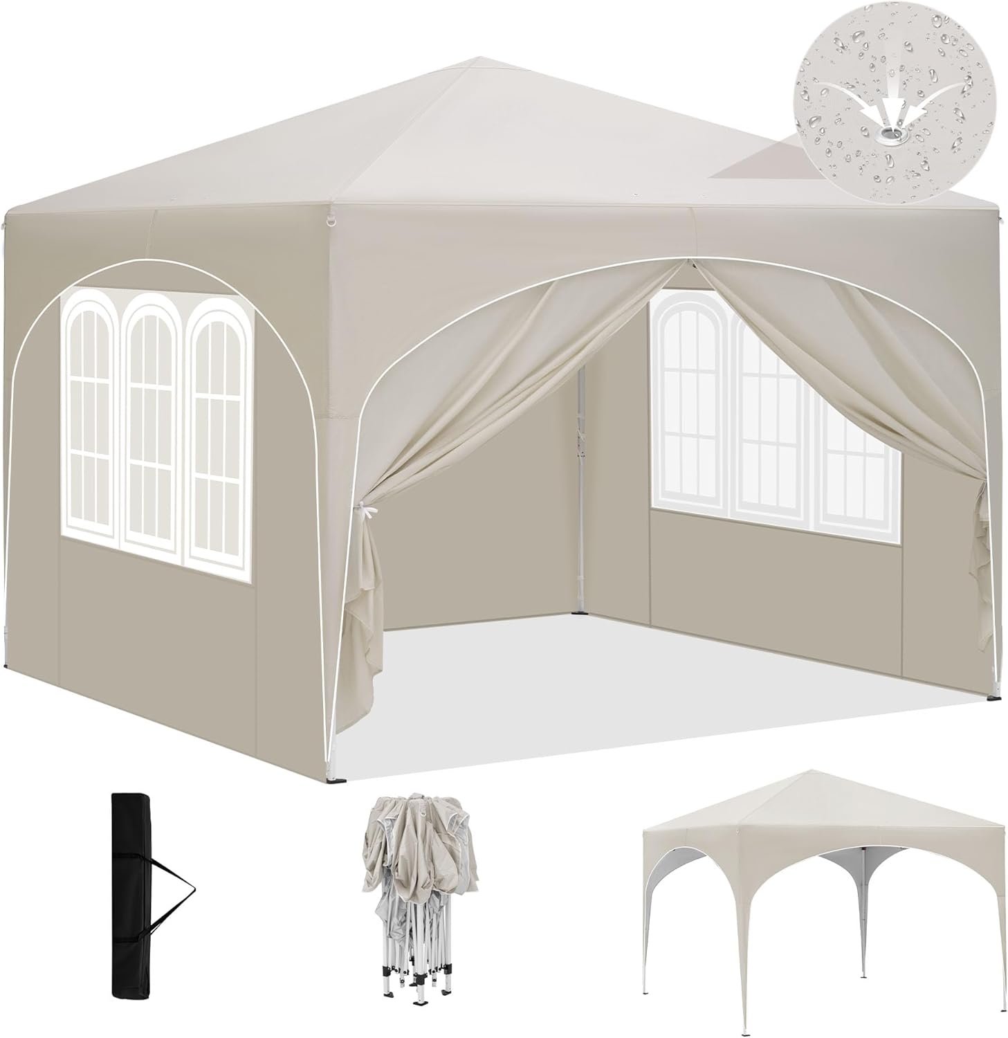 Laneetal Pop-Up Faltpavillon wasserfest Winterfest, Pavillon 3x3 m faltbar, Grillpavillon stabil, Gartenpavillon mit Seitenwänden Fenstern Tasche, für Camping Strand Garten, Beige