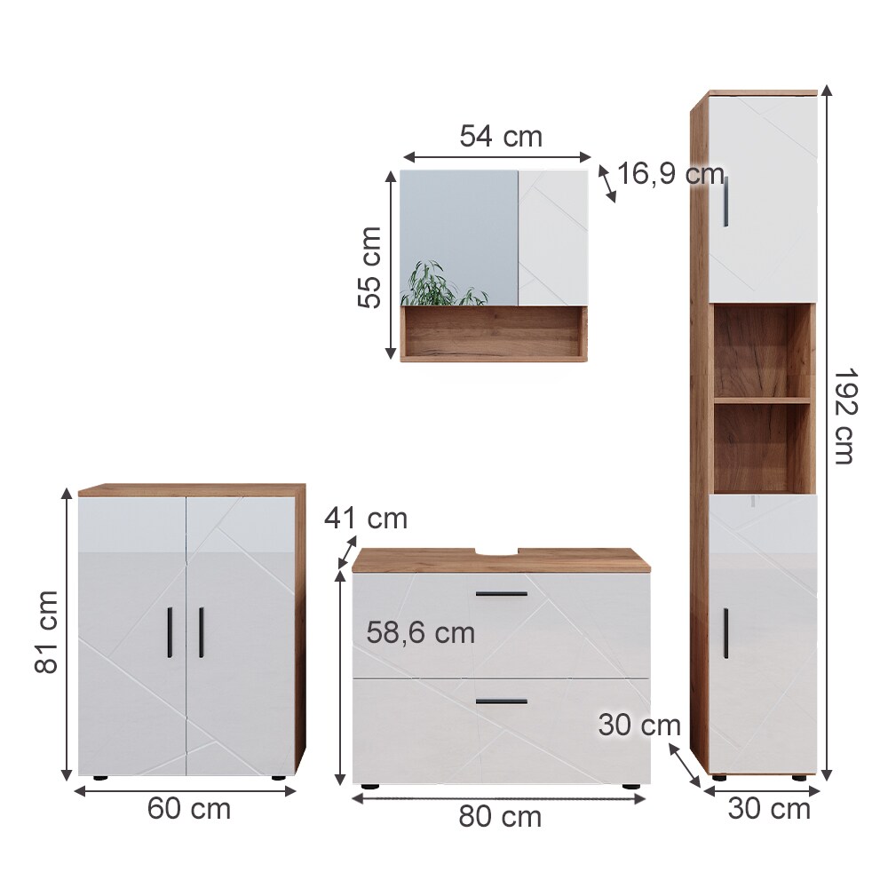 Vicco Badmöbelset Irma Eiche Weiß Hochglanz modern Badezimmerschrank Badschrank Badezimmermöbel Waschtischunterschrank Spiegelschrank Kommode Hochschrank Schrankschublade Schranktür Schrankfach
