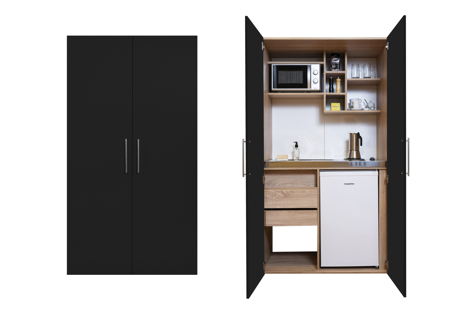 RESPEKTA Schrankküche - schwarz - Eiche sägerau - mit E-Geräten - 104 cm breit