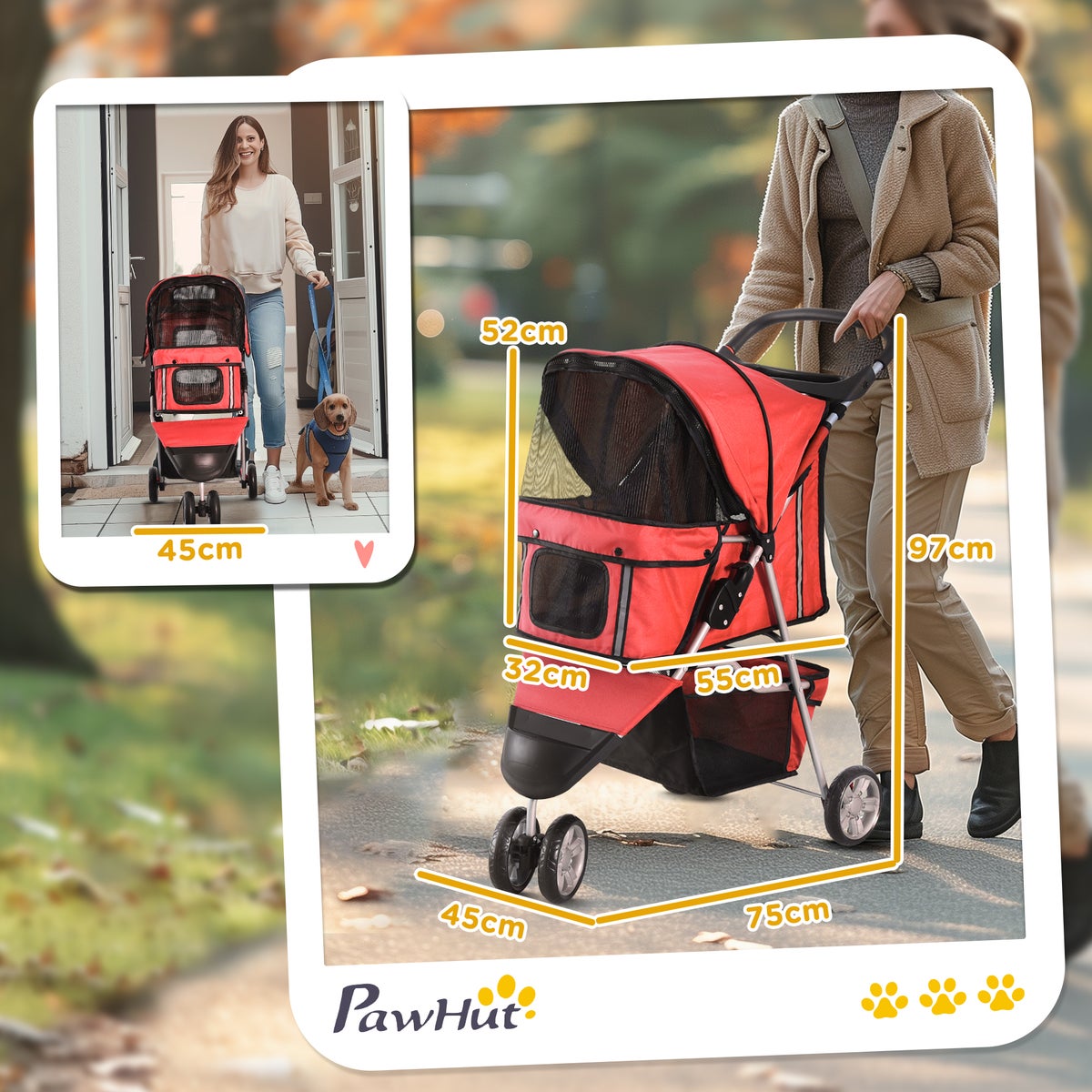 PawHut Hondenbuggy, 75L x 45B x 97H cm, 600D Oxford, Nylon Mesh, Rood