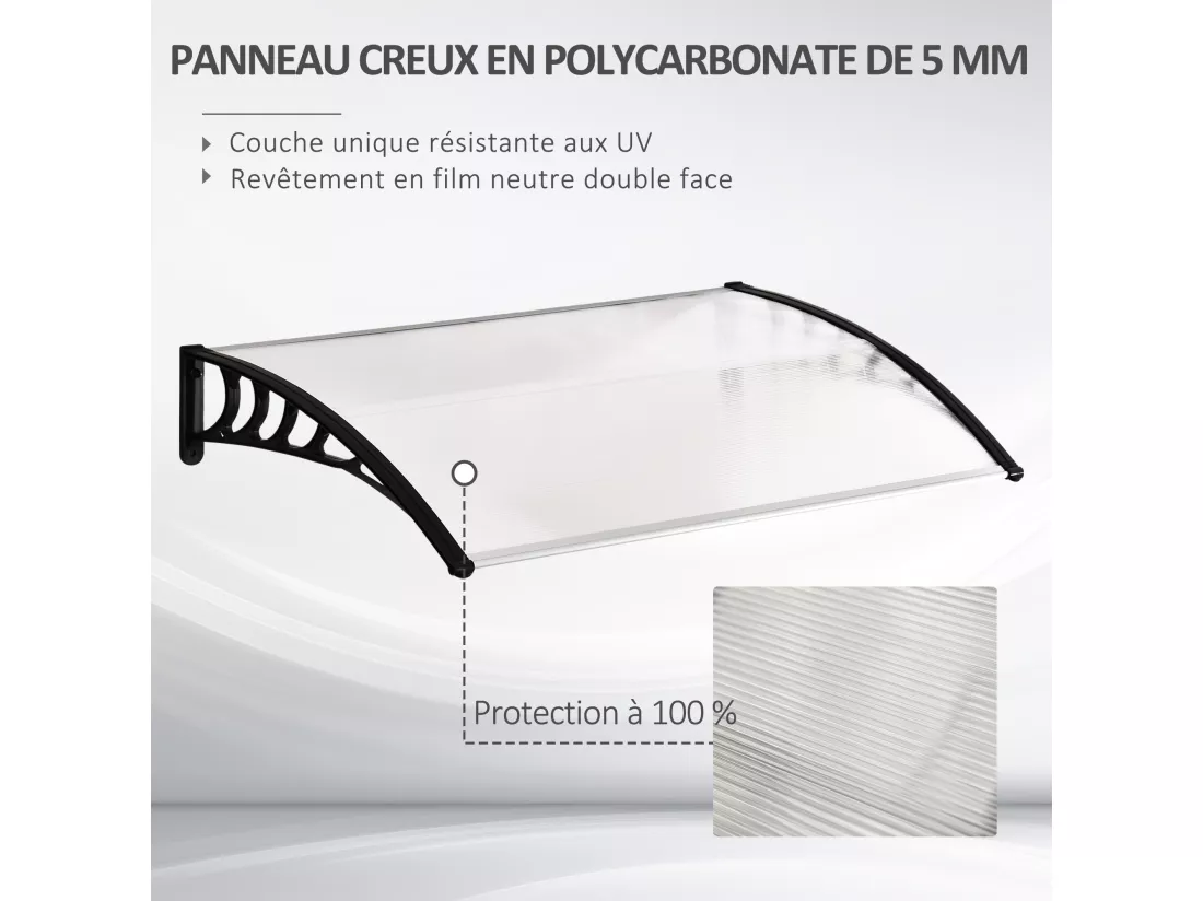 Auvent marquise de porte design voûté arrondi dim. 150L x 90l x 25H cm polycarbonate PP noir