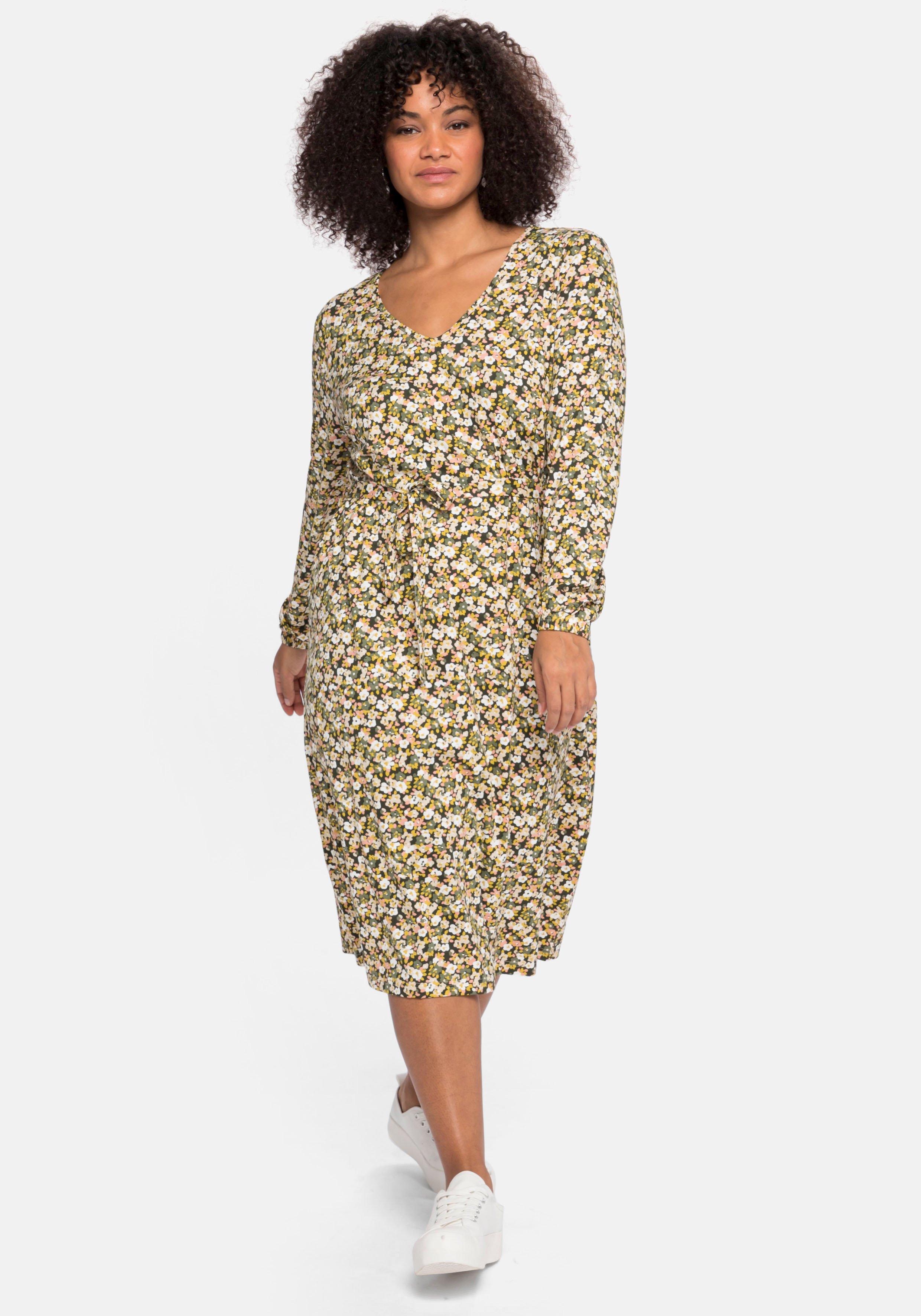 Jerseykleid mit Millefleurs-Druck und V-Ausschnitt