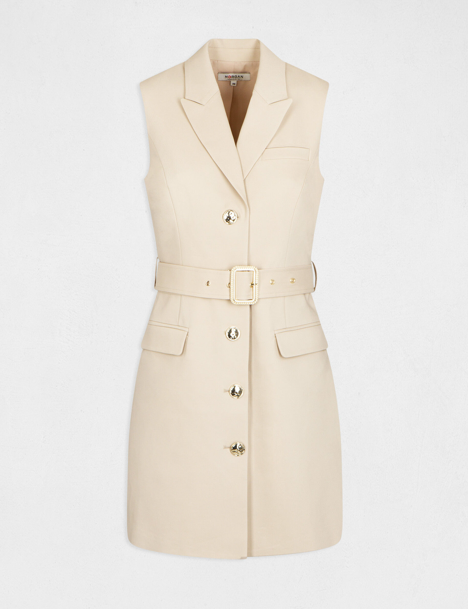 Robe droite sans manches ceinturée beige femme - beige
