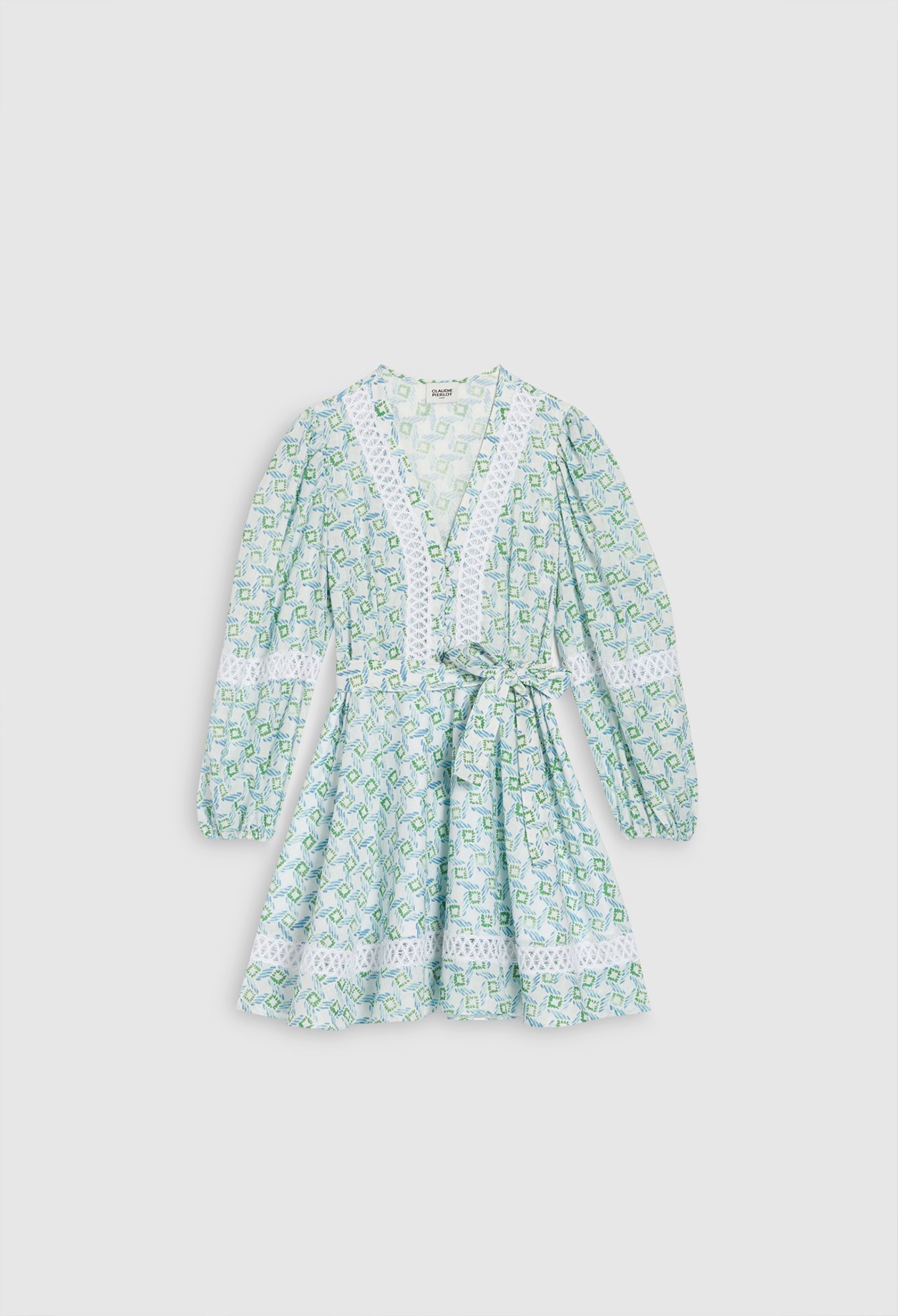 Robe imprimee bleue &agrave; galons de dentelle