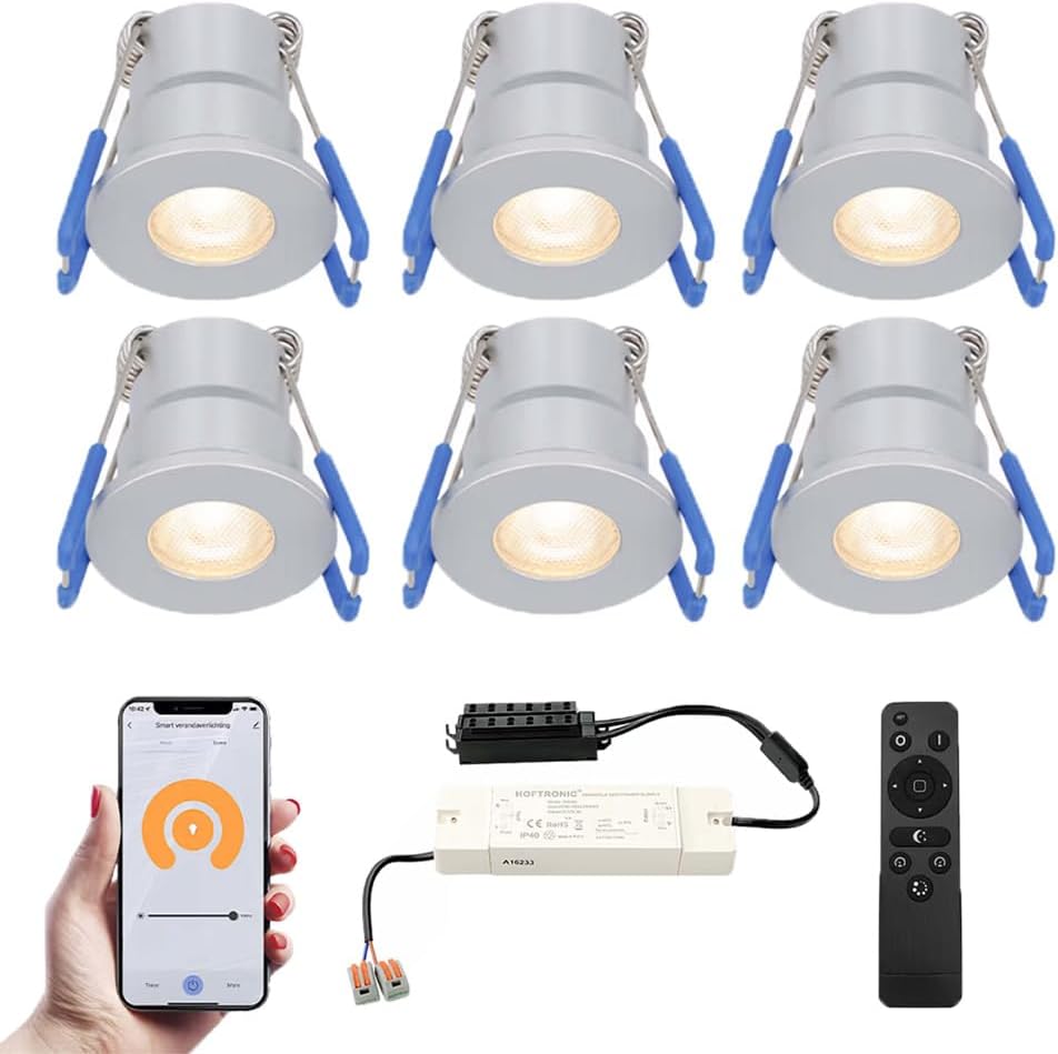 HOFTRONIC Milano - 6er Mini LED Einbaustrahler 12V Edelstahl - Smart Home - WiFi + Bluetooth - IP65 Wasserdicht Dimmbar - 2700K Warmweiß - Google Home, Alexa & Siri - für Terrassendach & Bad