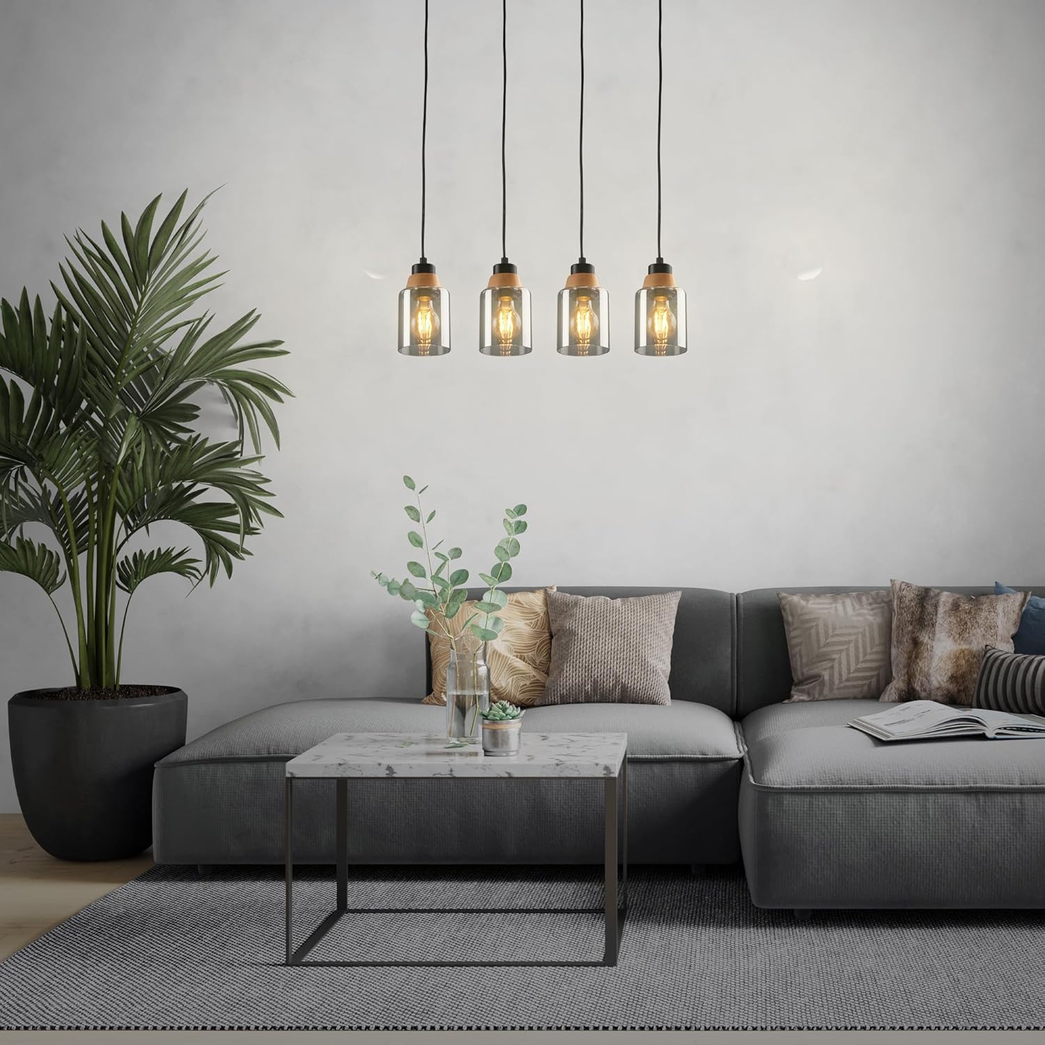 BRILONER – 4-flammige Pendelleuchte, Rauchglas, Deckenlampe, Deckenleuchte, Lampe, Wohnzimmerlampe, Lampenschirm aus Rauchglas, Hängelampe, Kronleuchter, Schlafzimmerlampe, Schwarz-Holz