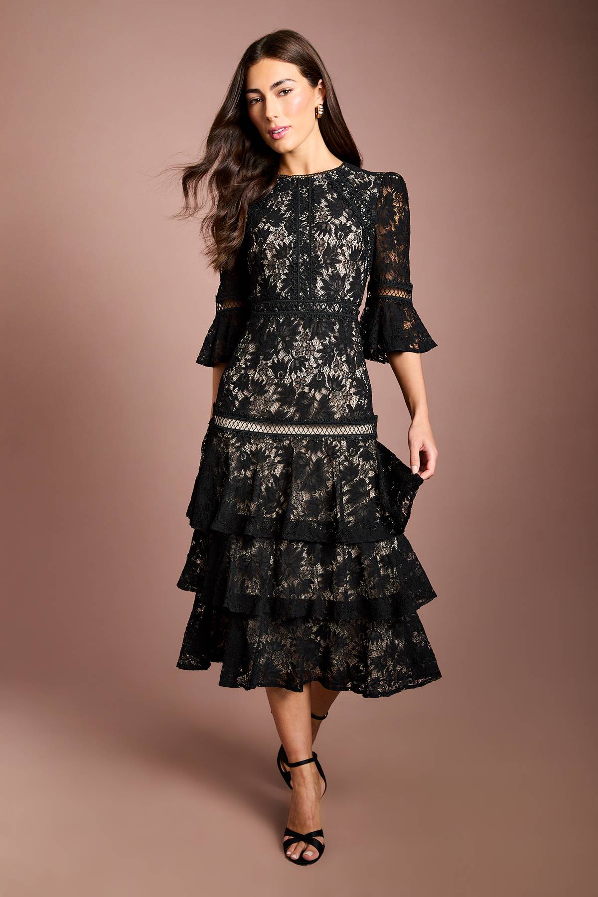 Coast Robe Midi À Manches 3/4 Avec Jupe En Dentelle À Volants Étagés
