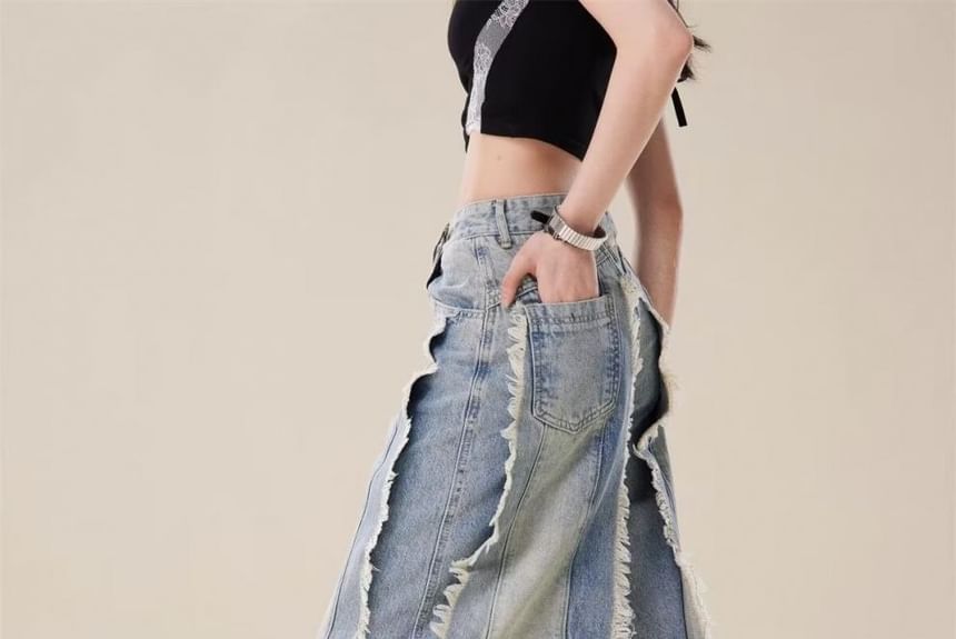 Vhancy - High Waist Washed Fringe Wide Leg Jeans