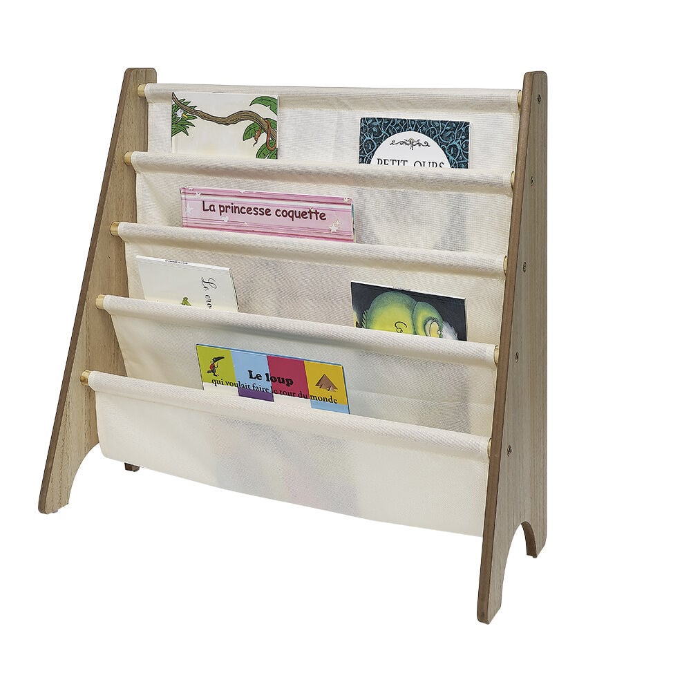 Rangement pour livres en bois et tissu blanc