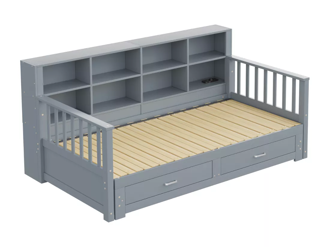 Canapé-lit gigogne en bois massif 90/180x190 cm - avec prise de charge - avec rangement - avec 2 tiroirs - sommier à lattes - gris（matelas non inclus)