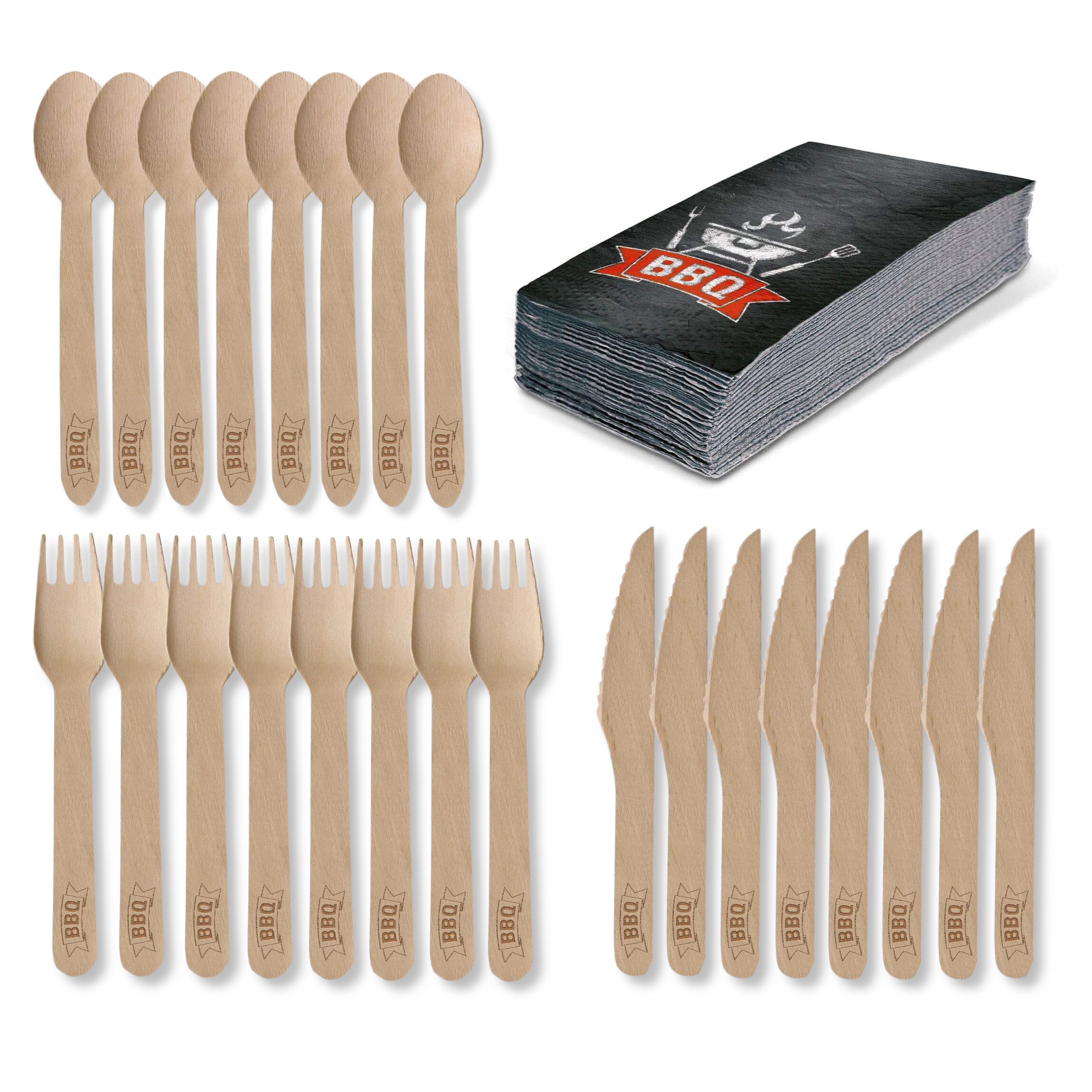 Amscan - BBQ Party Set - Holz-Besteck (24 Teile) + Servietten (20 Stück) Besteck Party grillen