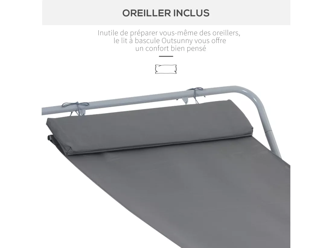 Bain de soleil transat de jardin bascule hamac 212L x 130l x 60H cm gris