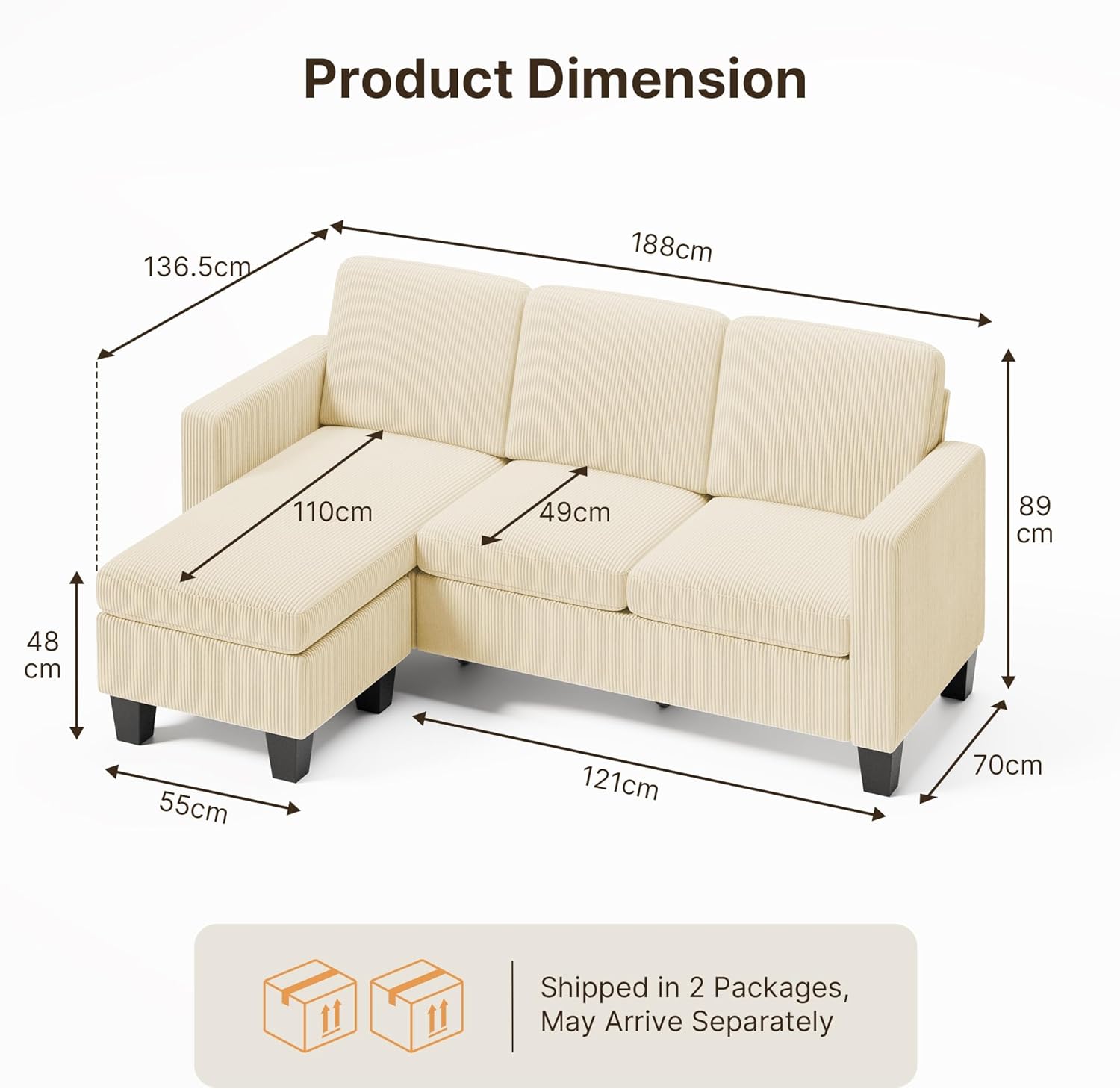 Xbro Ecksofa L-Form 3-Sitzer mit beweglichem Fußhocker, kleines Ecksofa aus weichem Cordstoff, 188 × 136,5 × 89 cm, Beige