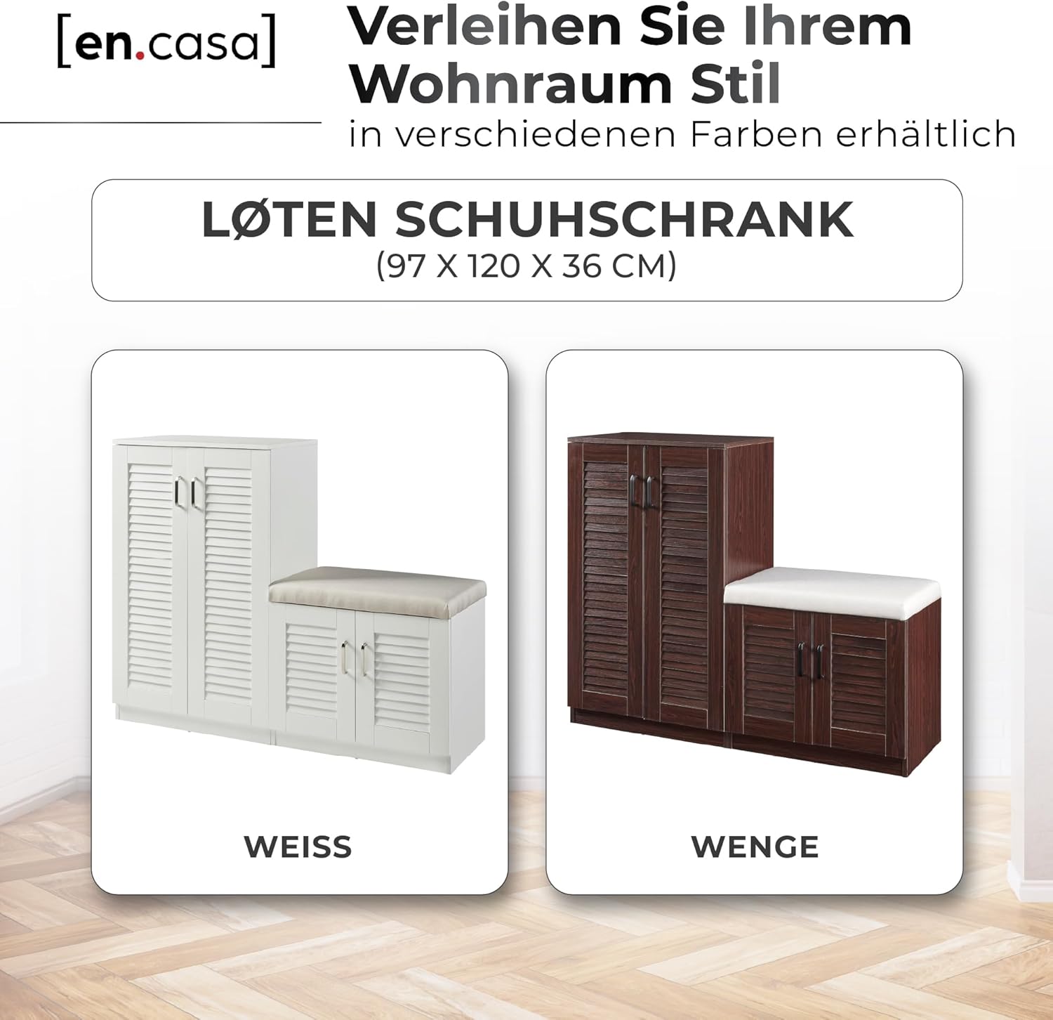 [en.casa] Schuhschrank Løten Schuhregal mit 4 Türen und 9 Ablagen Schuhablage 120 x 36 x 97 cm bis zu 18 Paar Schuhe mit gepolsterter Sitzbank Schuhaufbewahrung Weiß
