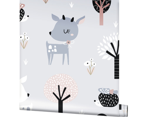 Vliesbehang 45831 Kids Walls hert egel grijs roze