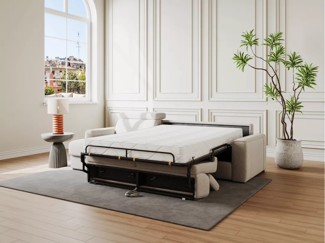 Canapé d'angle réversible convertible express en tissu beige - Couchage 140 cm - Matelas 22 cm mémoire de forme - VIZIR