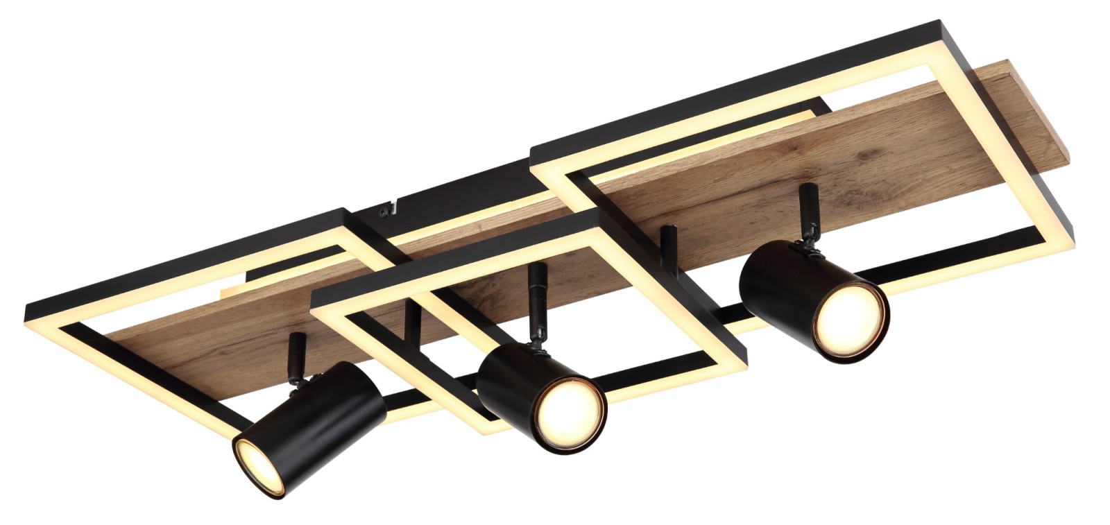 LED-Deckenleuchte - schwarz matt - Holzoptik - opal - 3 Strahler