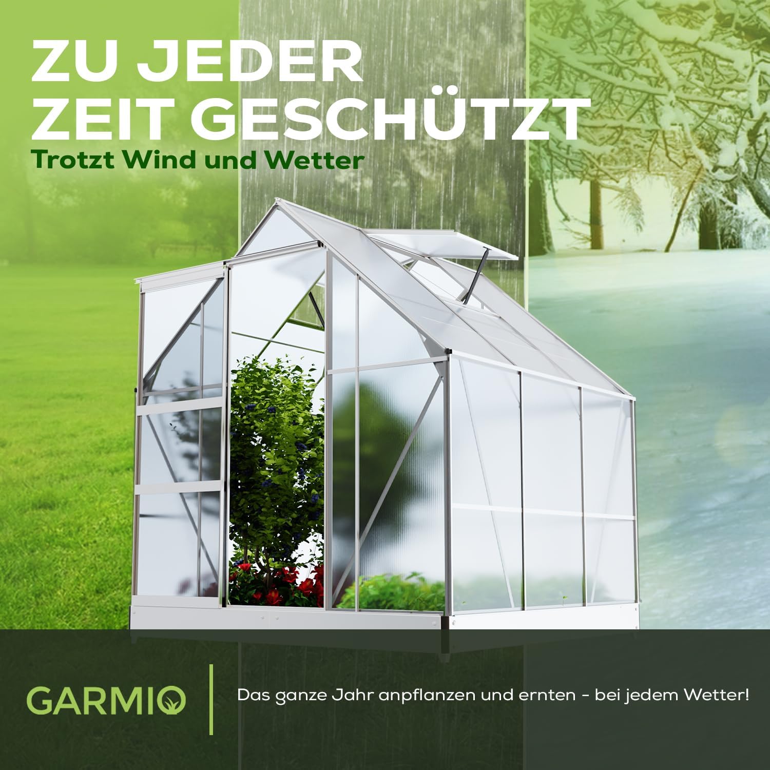 Gewächshaus Cuneo 190x190cm für den Garten, Alu Frühbeet inklusive Fundament, 2 Dachfenster Treibhaus Aufzucht Pflanzenhaus Tomatenhaus 3,7m² UV-Schutz