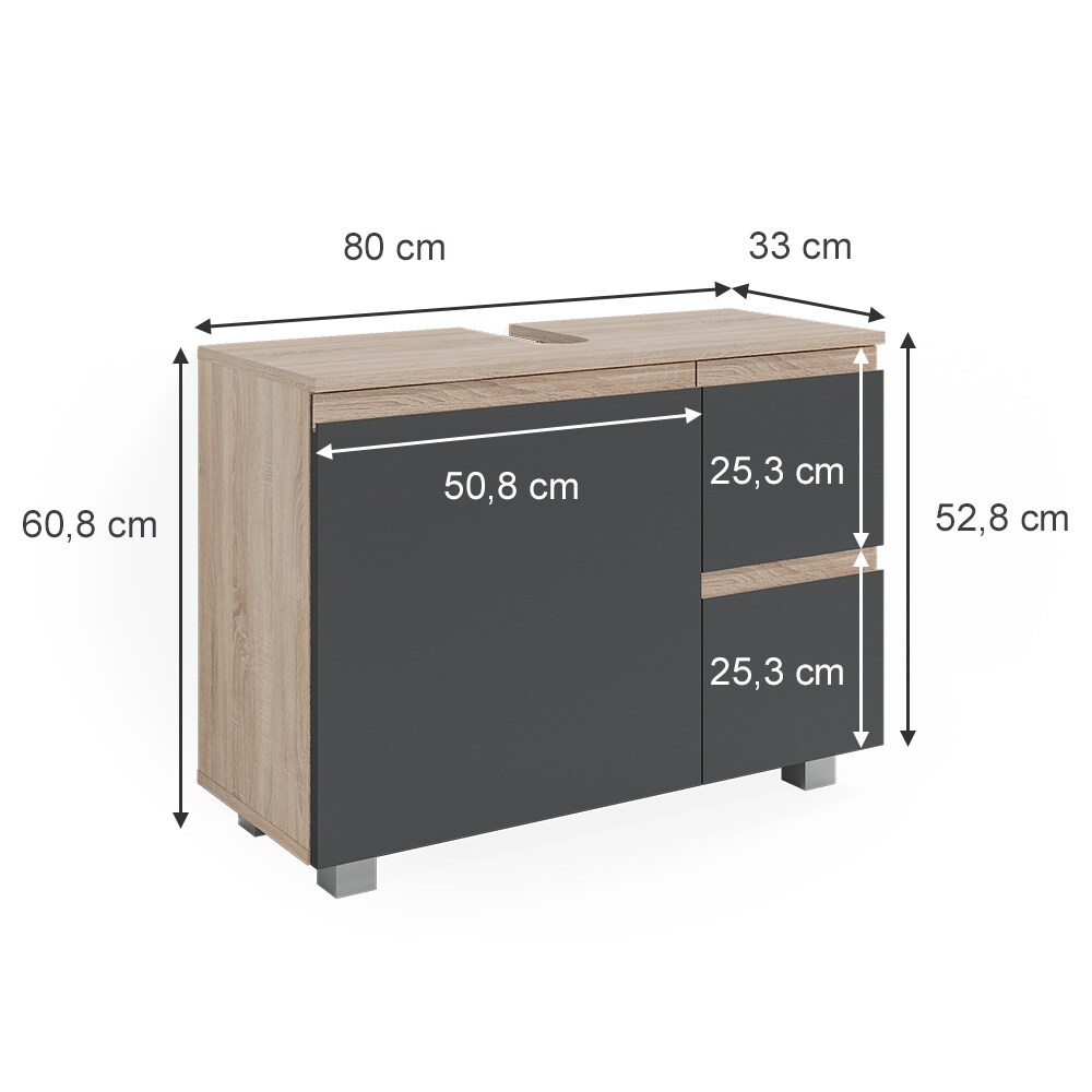 Vicco Waschtischunterschrank Waschbeckenunterschrank Badschrank J-shape Sonoma Anthrazit modern 80x61cm Badezimmer Schrank Badmöbel Schranktür Schrankschublade Aufbewahrung