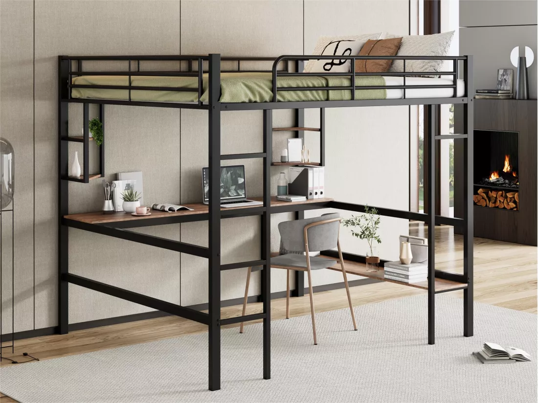 Lit mezzanine en fer - 140x200cm - avec bureau et 5 étagères - Noir