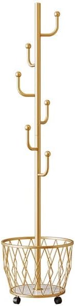Garderobenständer Metall Kleiderständer Stabil mit 6 Haken, Hängekorb, Räder Gold Garderobe für Mäntel, Jacken, Taschen