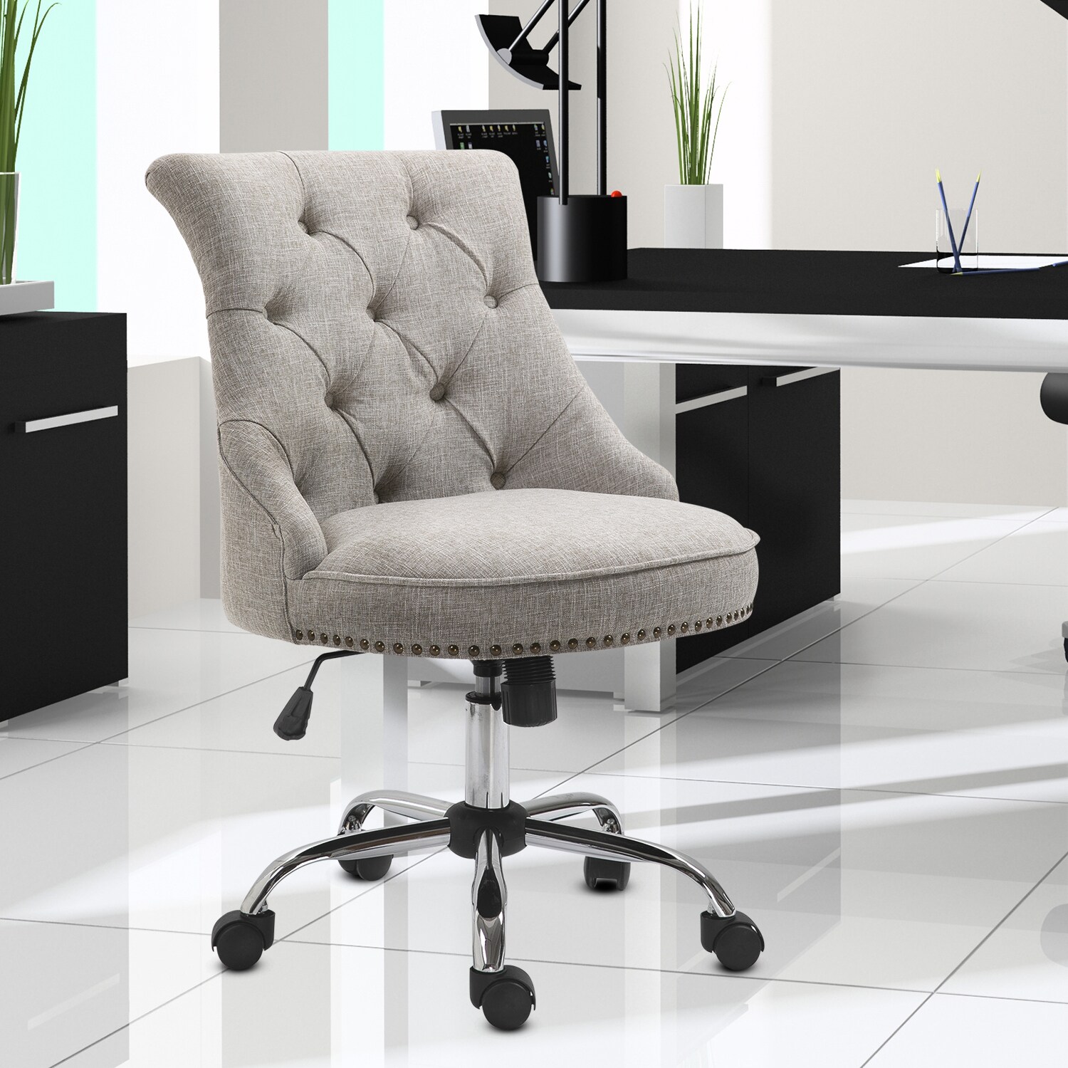 HOMCOM Polsterstuhl mit Chesterfield-Lehne hellgrau 54 x 65,5 x (84-91) cm (BxTxH)