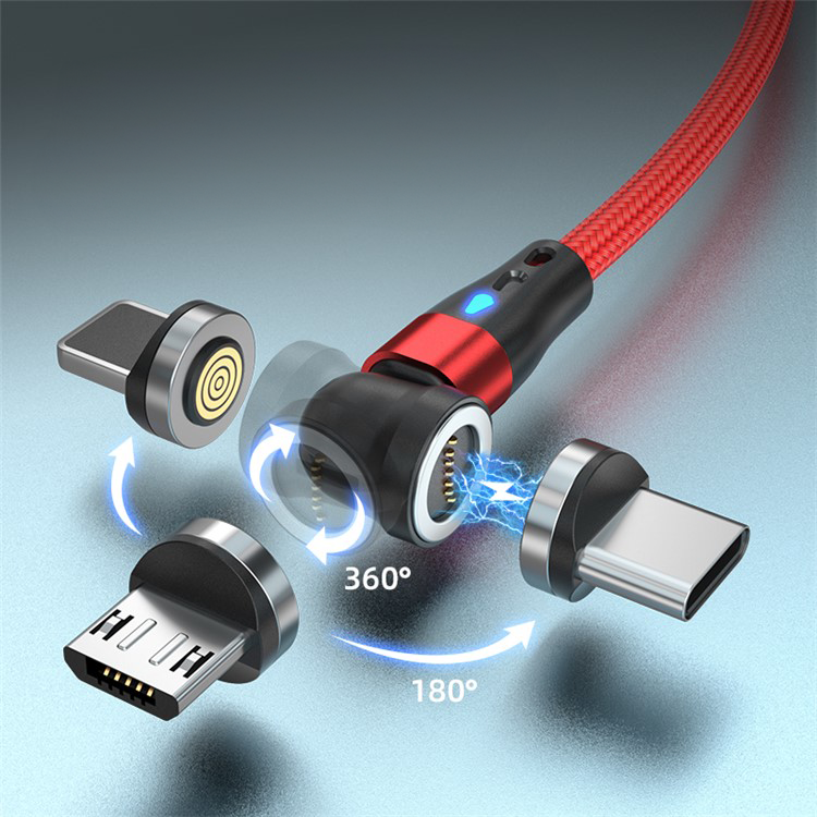 (1m) 3A 3in1 USB A auf USB C / Micro USB / Lightning Ladekabel Magnetisches Nylon 180° Datenkabel mit LED - Schwarz