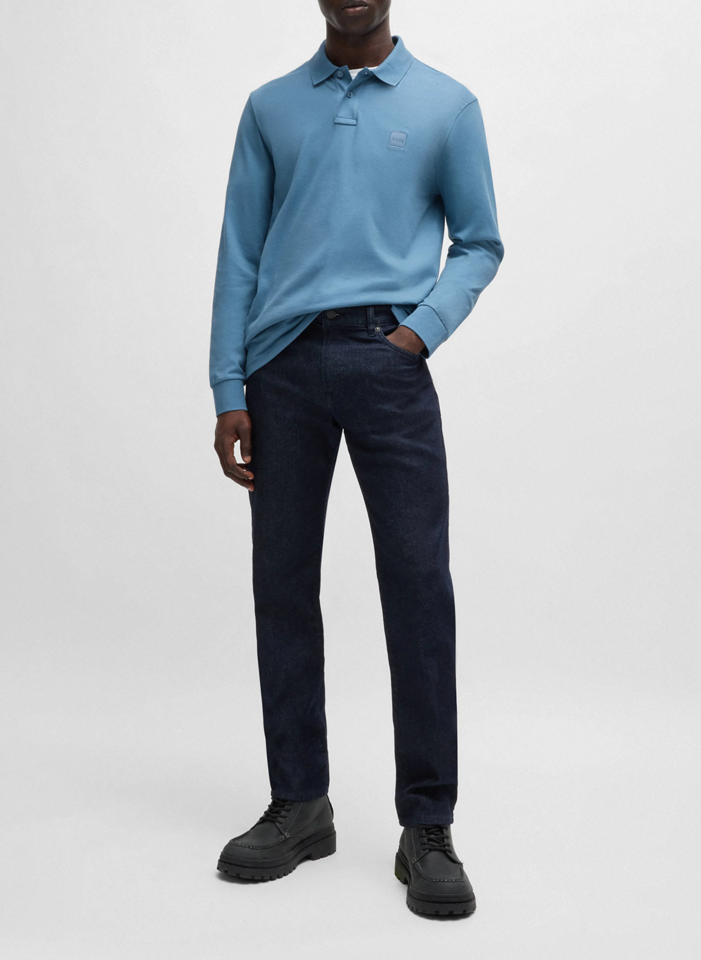 Polo à manches longues regular-fit en coton mélangé | Bleu