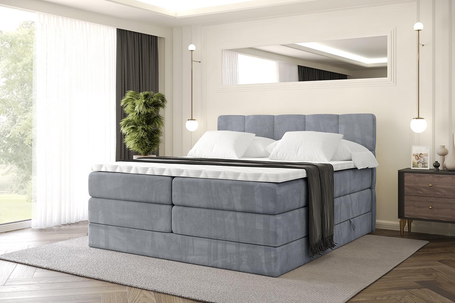 ALTDECOR Boxspringbett mit Matratze und Lattenrost, Topper, Polsterbett mit Bettkasten, Bett mit Stauraum H3- und H4- Matratze, Doppelbett, Springboxbett -LIRO KING-180x200 - Grau Casablanca