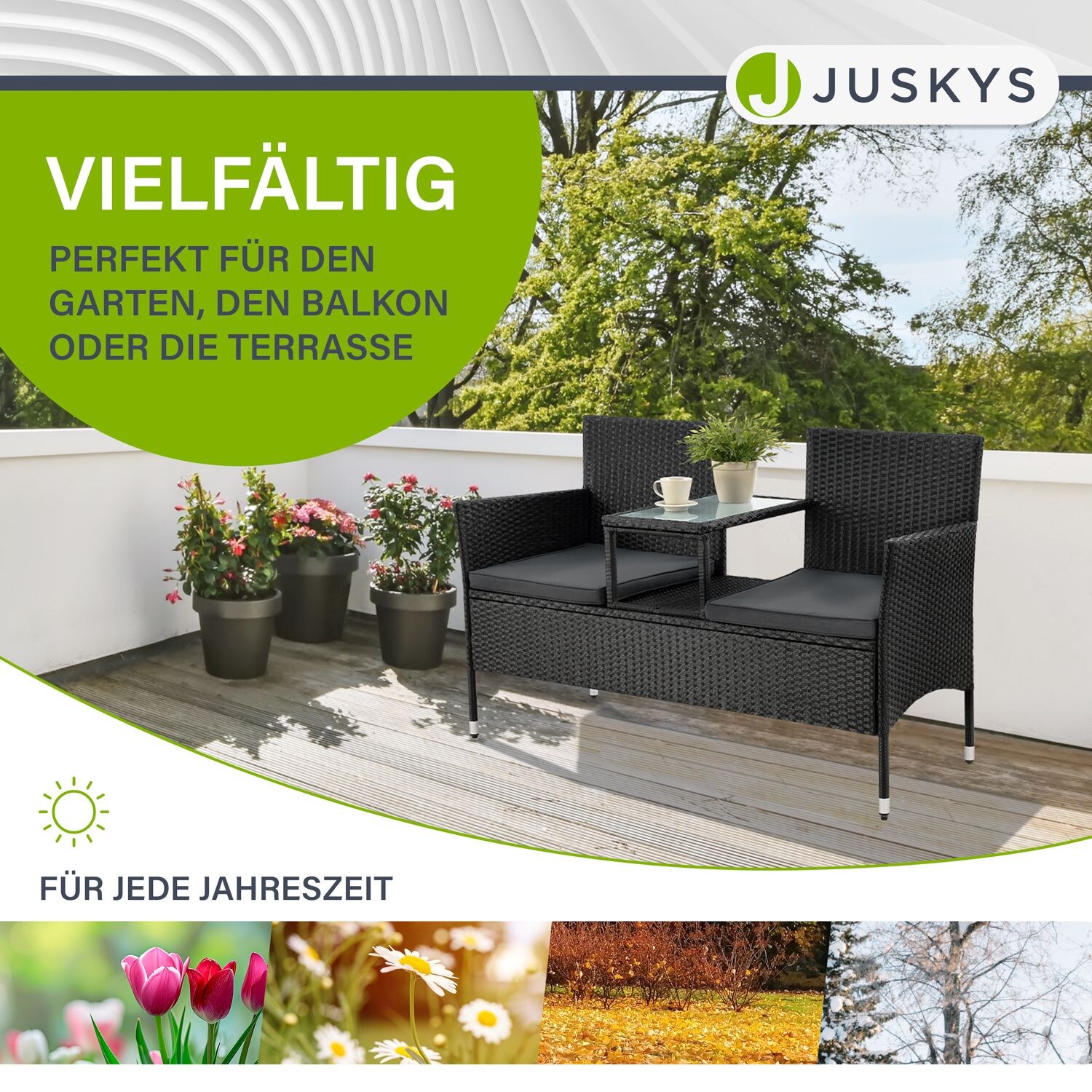 Juskys Polyrattan Gartenbank Monaco schwarz - 2-Sitzer Bank mit Tisch & Kissen - 133×63×84 cm