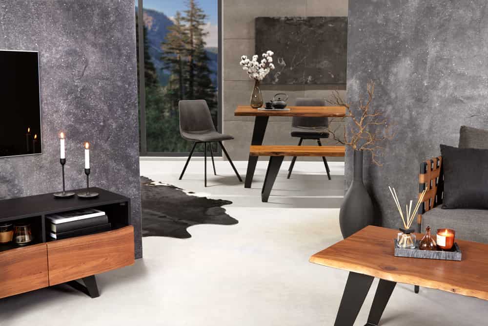 Massivholz Esstisch ORGANIC ARTWORK 180cm Akazie Industrial Design Eisengestell Baumkante