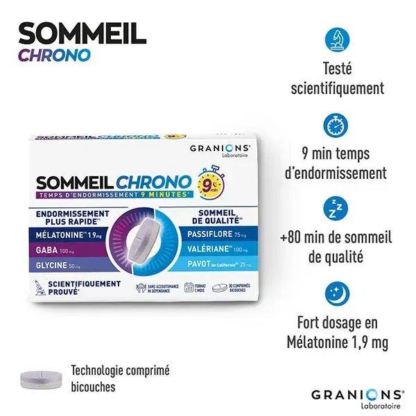 Granions Sleep Chrono 9min - Melatonina 1,9 mg, Valeriana, Passiflora, GABA - 30 comprimidos