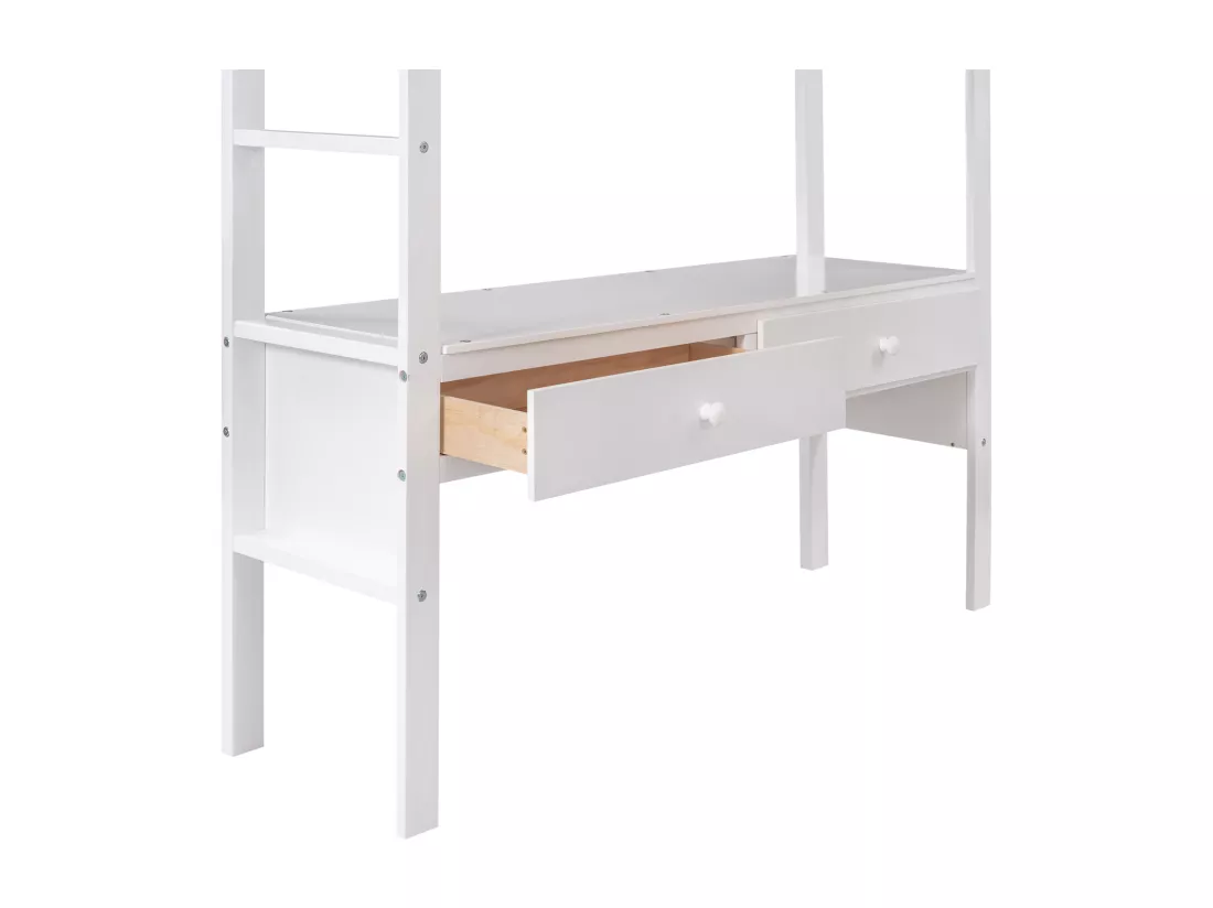Lit mezzanine 140x200cm pour enfant - lit surélevé avec tiroirs de rangement, bureau et bibliothèque de rangement sous le lit - blanc