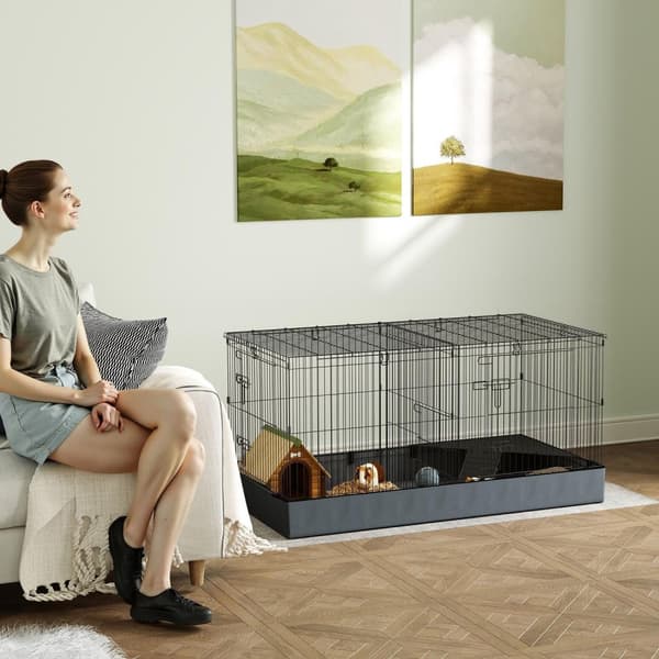 Smådyrbur, smådyrbur med rampe, skillevegg, gnagerbur med avtagbart deksel, stoffunderstell, kaninbur for smådyr, stålsvart