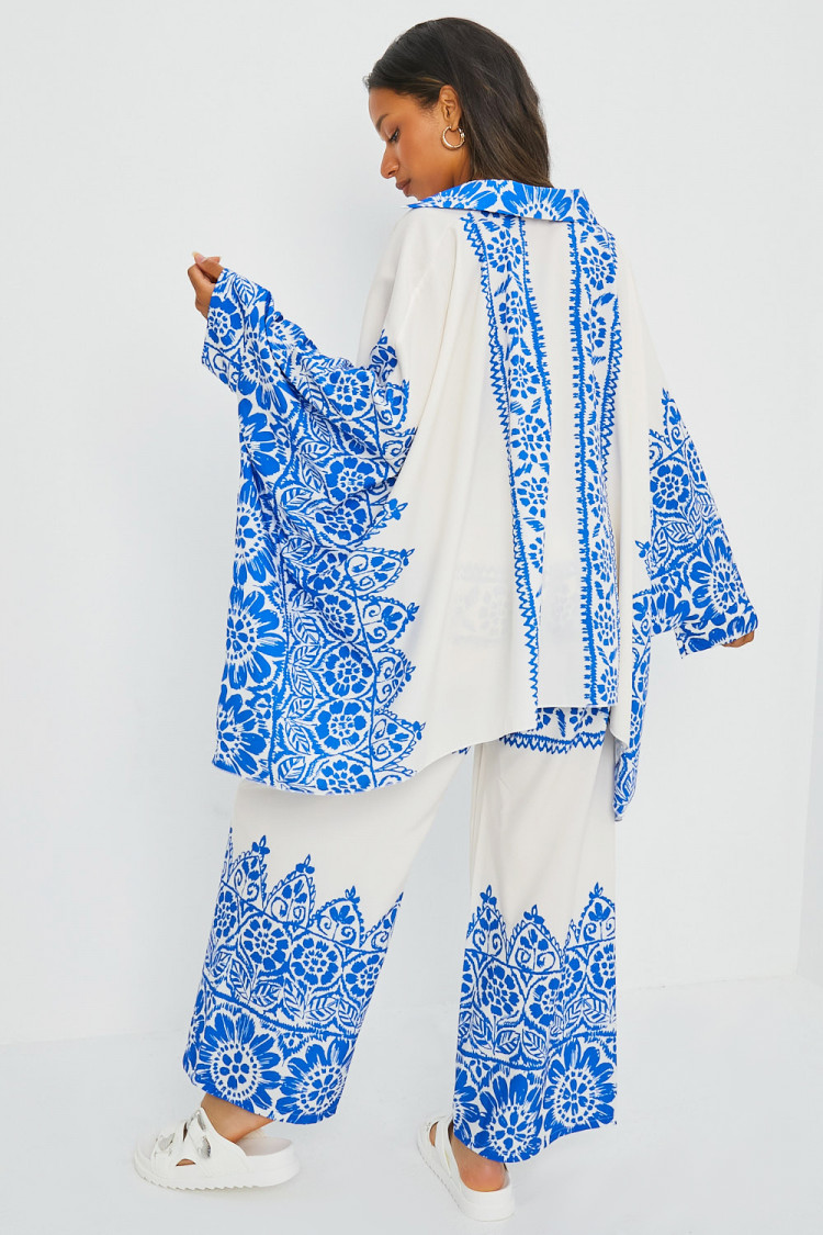 Ensemble 2 pièces chemise + pantalon écru / bleu
