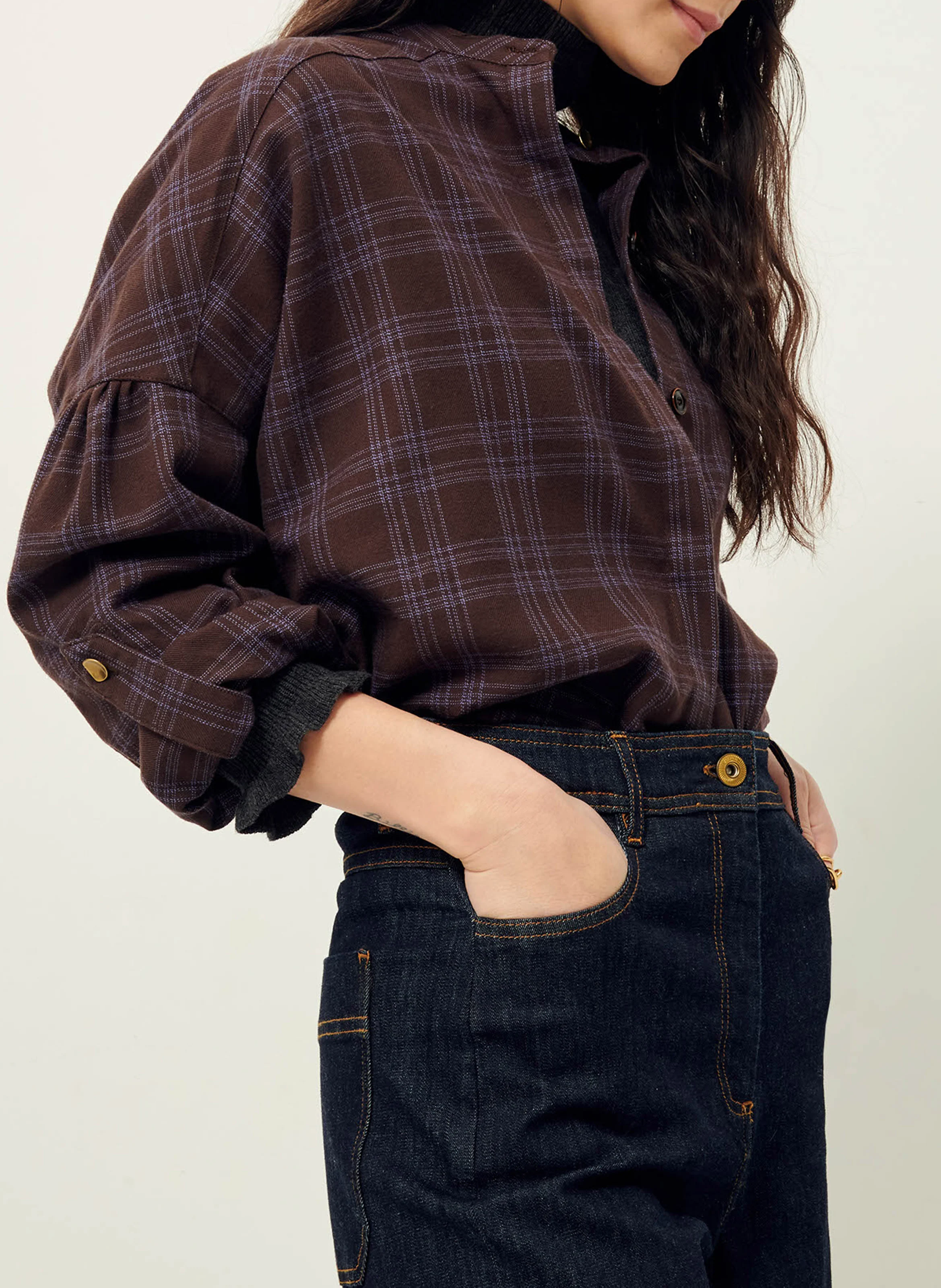 COLOMBELLA - Chemise col rond à carreaux en coton | Marron