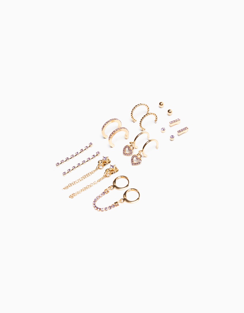 Conjunto de 9 brincos de argola com strass