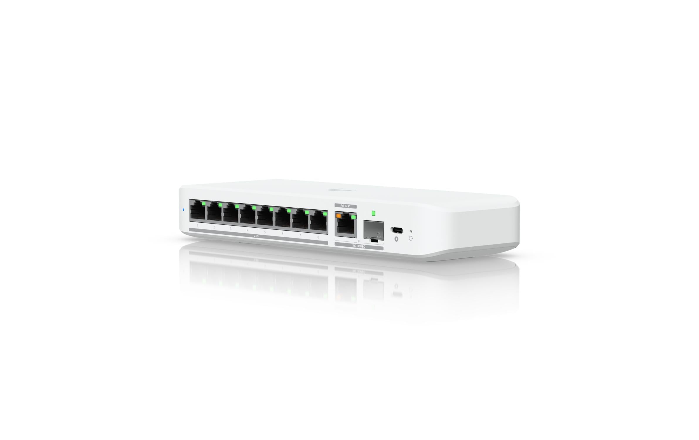 Switch UniFi Flex 2.5G 9 Port<br>Kompakter 8-Port 2.5-GbE-Switch mit 10-GbE-RJ45/SFP+-Uplink und flexibler Stromversorgung über USB-C oder PoE+