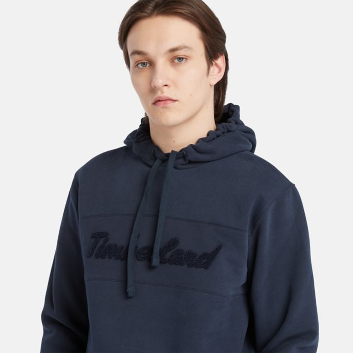 Moletom com capuz e estampa cursiva para homens na cor azul marinho.