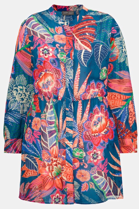 Longbluse, Stehkagen, gekräuselte Quernaht, Langarm