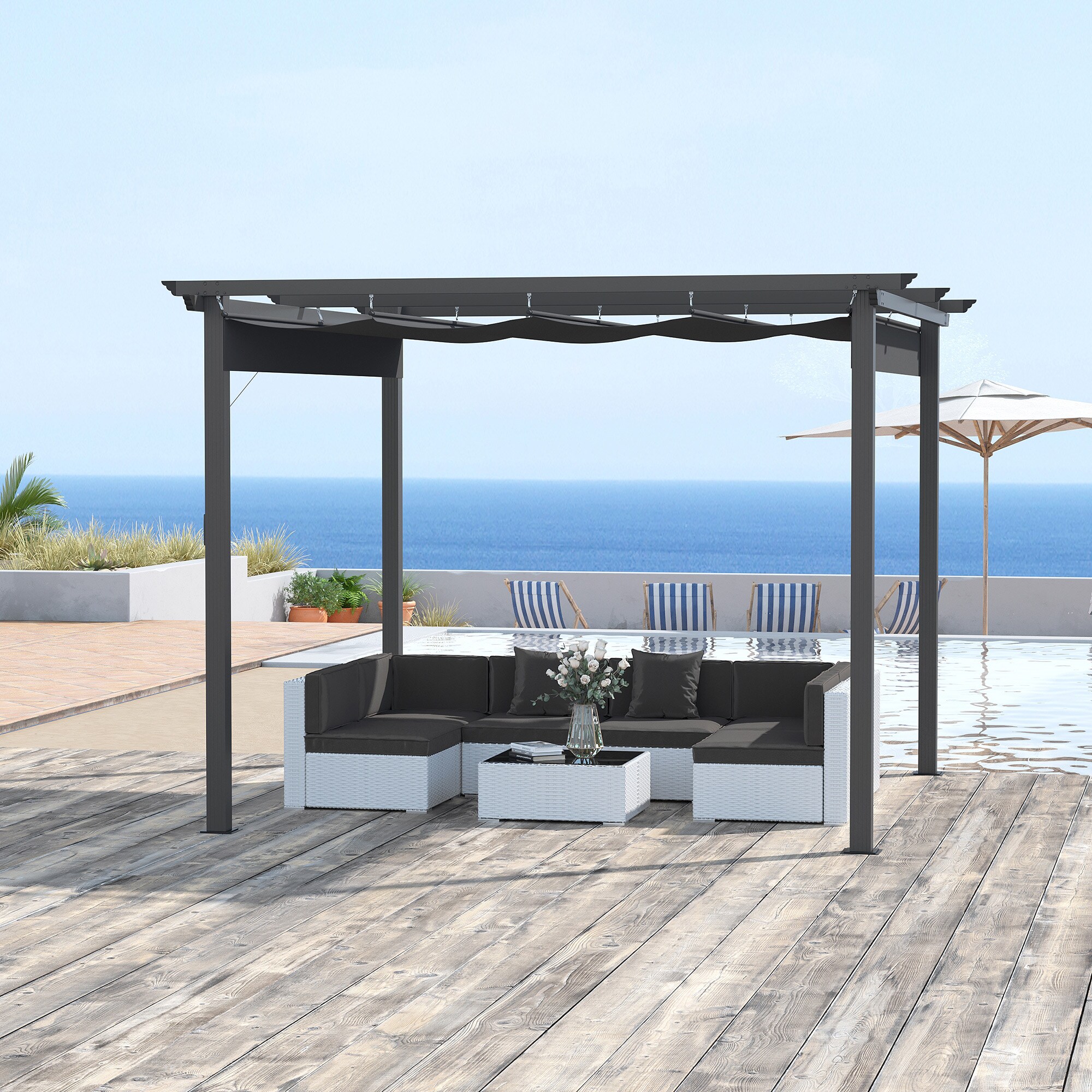 Outsunny Pergola mit verstellbarem Stoffdach grau 295L x 295B x 216H cm