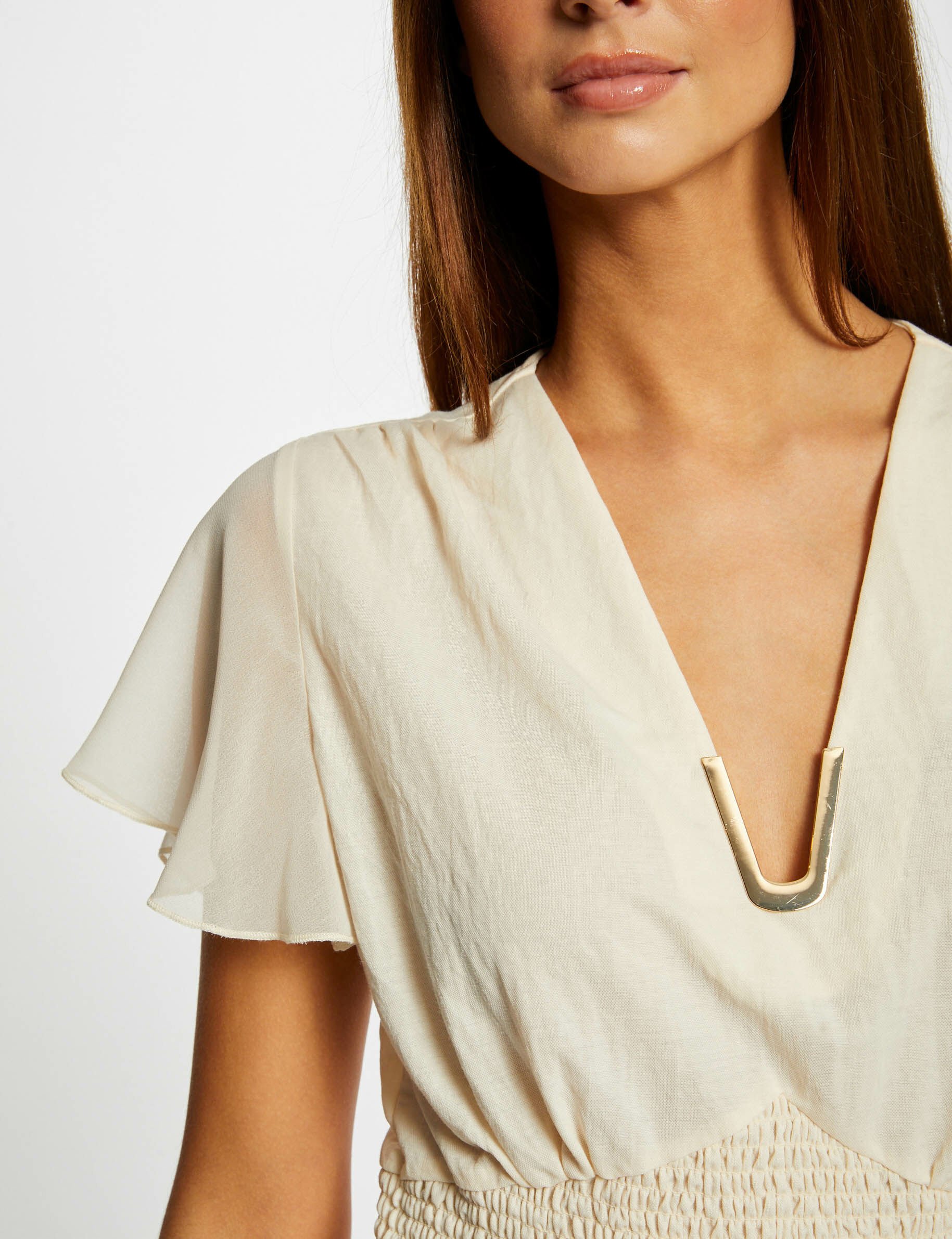 T-shirt manches courtes smocké ecru moyen femme - ecru_moyen