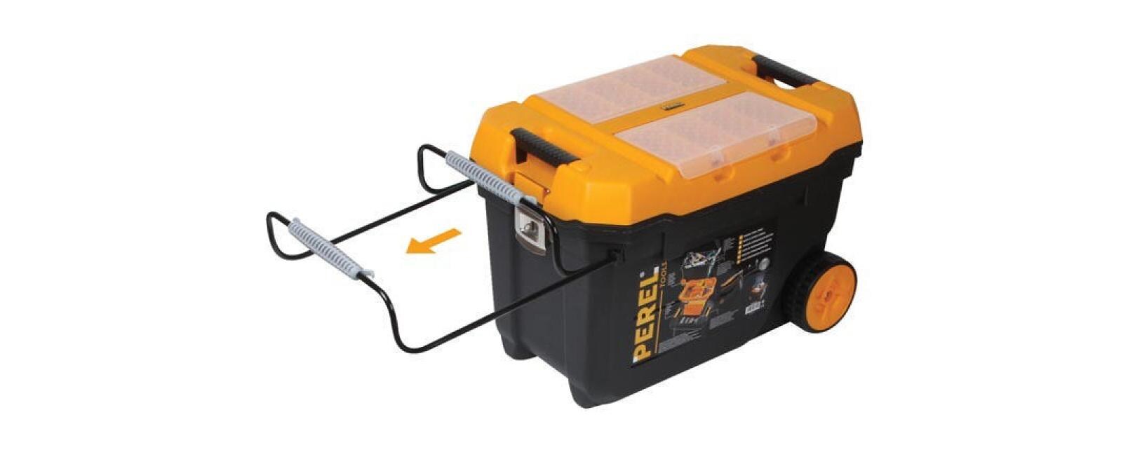Werkzeugbox mit Rollen<br>Mit Teleskophandgriff und Gummirollen