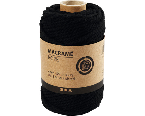 Macramé garen 4 mm, zwart, drielaags