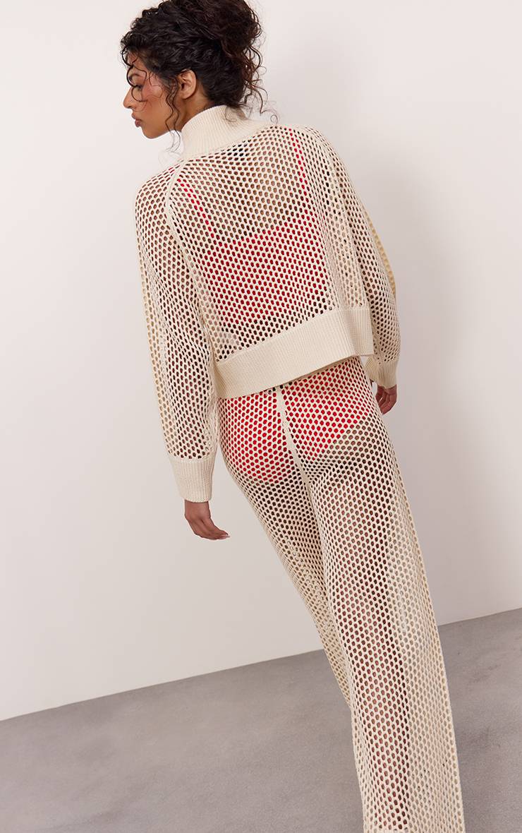 Crème Pantalon De Jogging En Maille Crochet À Détails Rayés